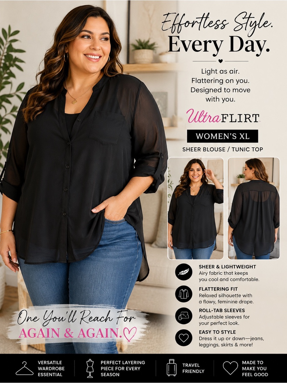 Ultra Flirt Black Sheer Tunic Blouse - Lightweight Roll-Tab Top